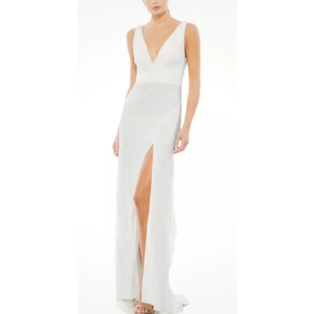 Mac Duggal 12336 Faux Wrap V-Neck Slit Jersey Gown in White NWT Size 8